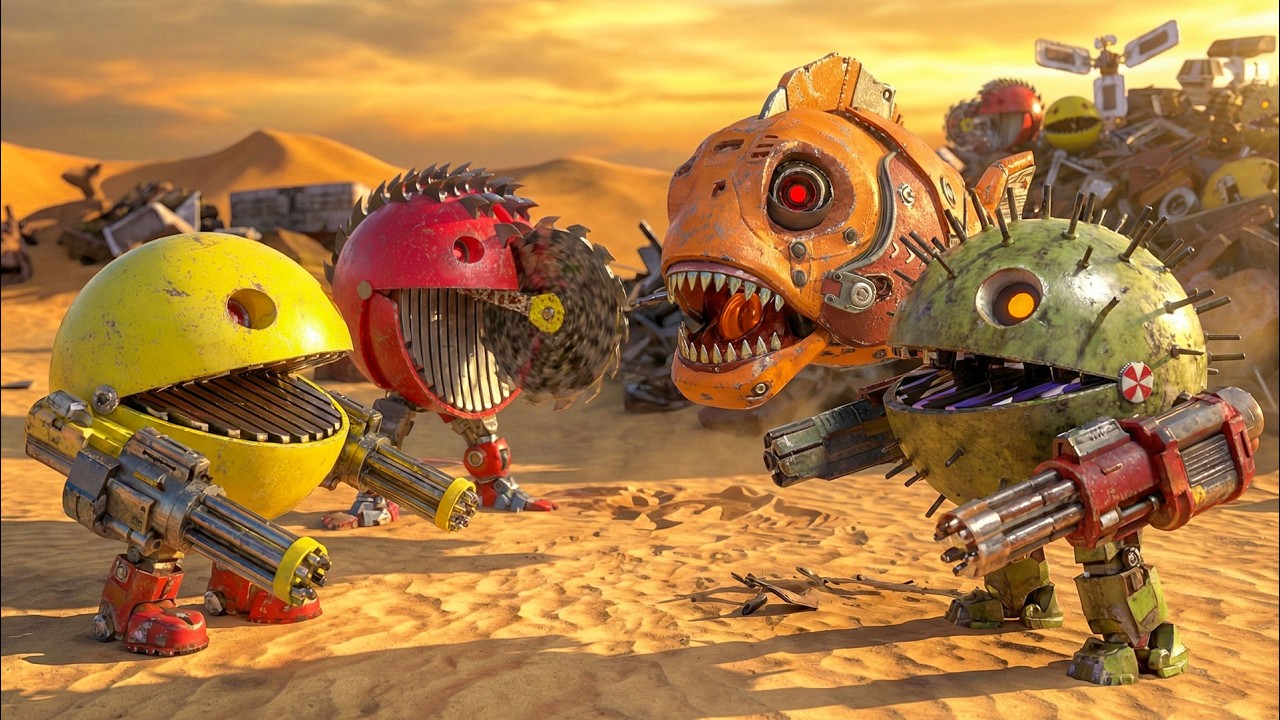 Pacman and Rolling Robot Escape the Lunar Maze as Walking Robot Blade Fights Giant Shredder Robot