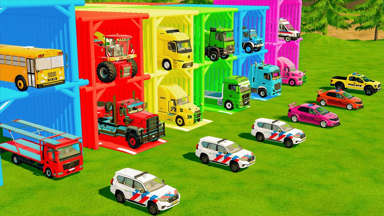 FIRE ENGINE, POLICE CARS, AMBULANCE, CONCRETE MIXER TRUCK, SCHOOL BUS TRANSPORT TO GARAGE - FS22