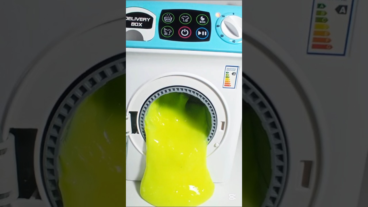 Toy Washing Machine Turns Black Slime into Sticky Green! | ASMR Slime Fun!