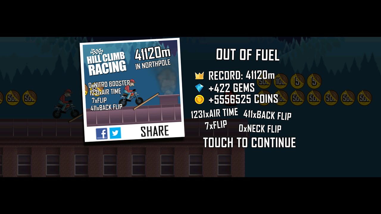 Hill Climb Racing: 41120m in Northpole on Minibike (no boosters, no pets)