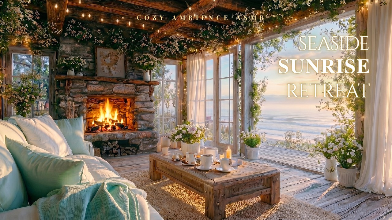 Seaside Sunrise Retreat | Birdsong, Rolling Waves and Crackling Fire for Stress Relief