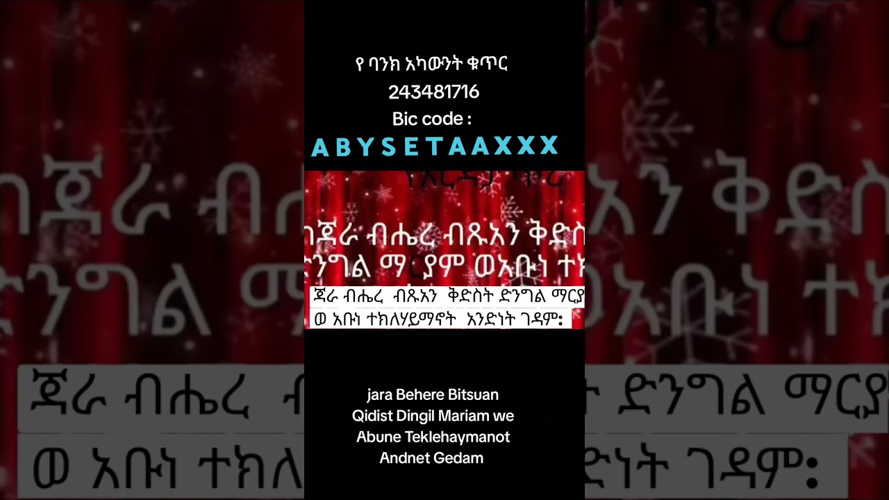 Bank of Abyssinia Account number 243481716.    Bic Code :-  ABYSETAAXXX  👈