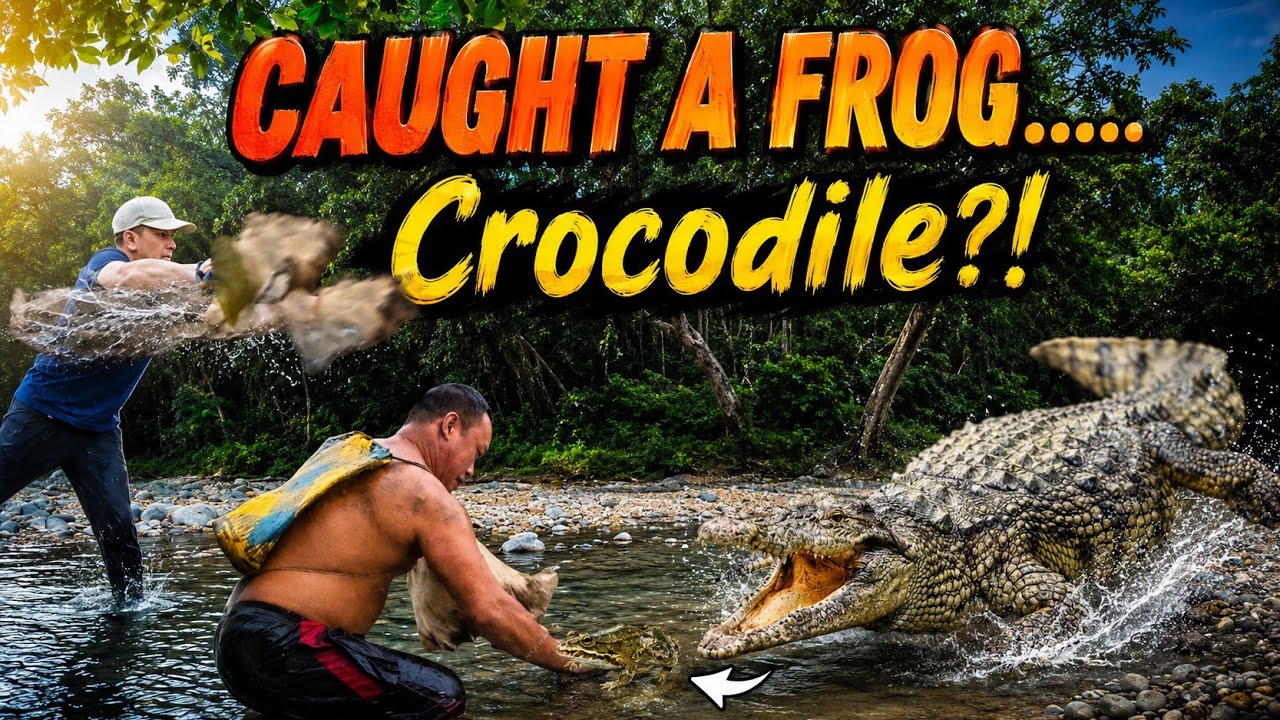 Traditional Dayak Frog Catching in Borneo River | A Crocodile Suddenly Appears
