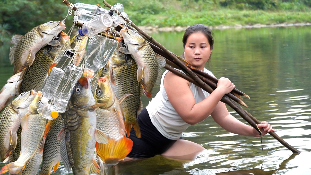 Creative fishing trick: Girl catches big fish using bottles and corn kernels.