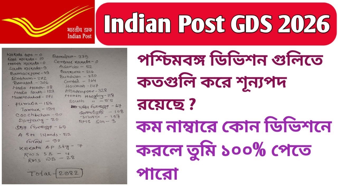 Indian Post GDS 2026/পশ্চিমবঙ্গের কোন ডিভিশনে কত পোস্ট আছে?/কম নাম্বারে কোথায় হবে?