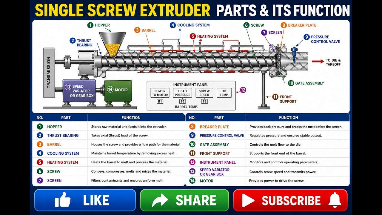 Single Screw Extruder Parts & its function | Thrust bearing | Barrel & Screw |Screen & Breaker plate