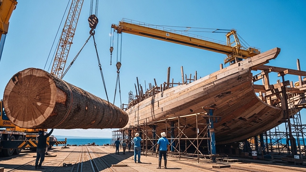 How Giant Trees Become Massive Wooden Boats | Amazing Boat Building Factory Process