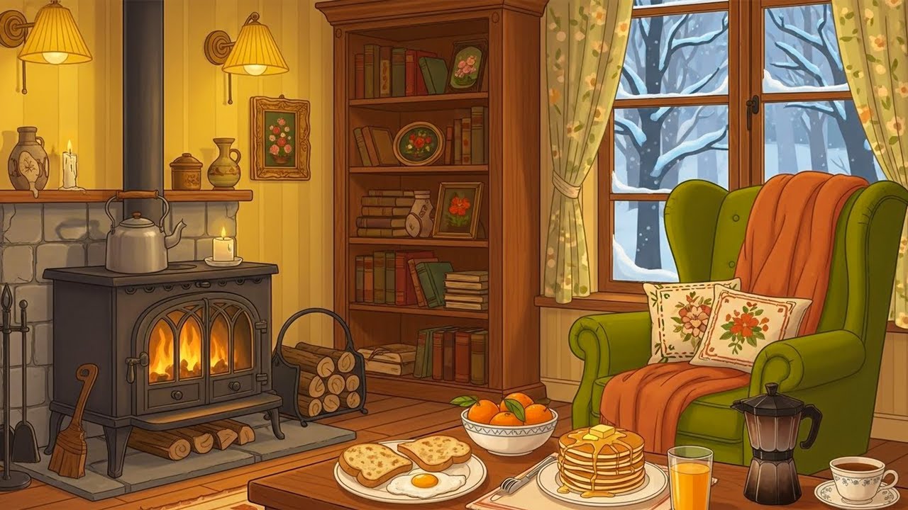 cozy vintage cabin 1950s on a snowy morning in forest with oldies music playing in another room