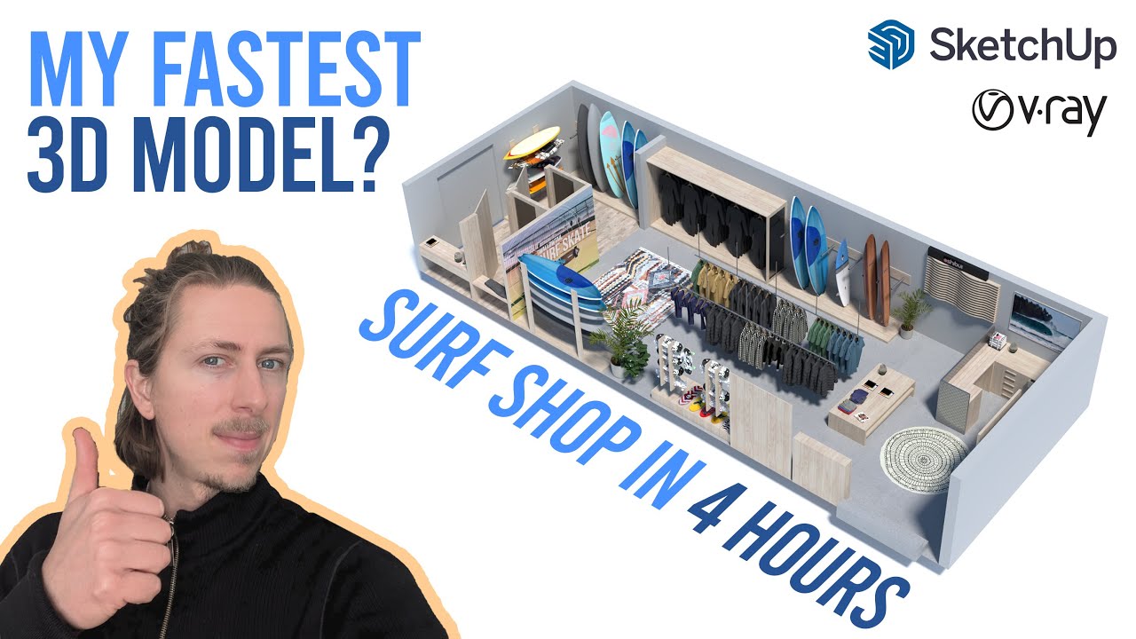 Speed 3D Modeling a Surf Shop in 4 Hours + Sketchup Vray + Renders