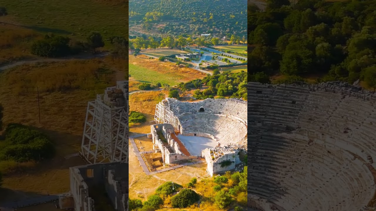Vertical video. Gelemis, Turkey. Patara Ancient Theatre with 6000 capacity on Kursunlu Hill, monu...