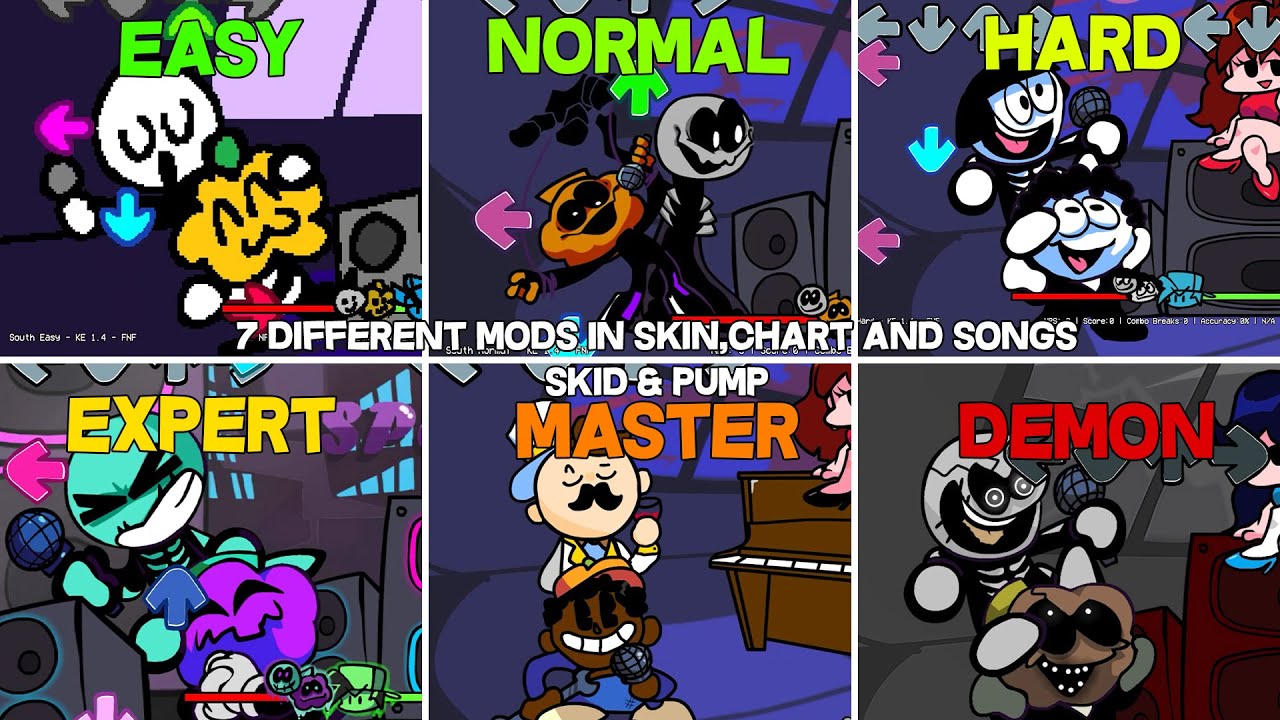 7 Different Mods In Skin,Chart and Songs | South - Friday Night Funkin Mod Showcase (Difficulty)