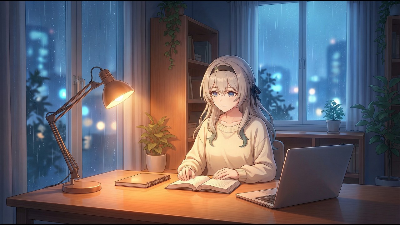 Cozy Anime Study with FireFly Lo-Fi ☕ | Rainy Night Focus | Soft Piano