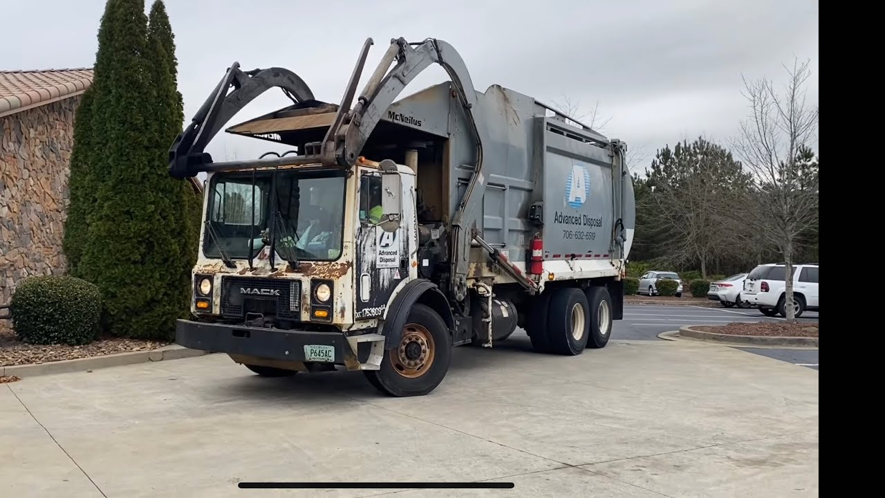 Waste Management: Mack MR McNeilus Front Load Garbage Truck Slamming Cardboard Dumpsters