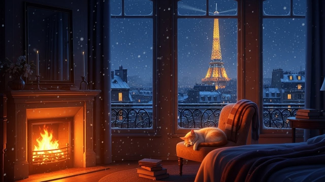 calm night in a 1920s | oldies playing in another room (crackling fireplace in Paris), Vol. 3