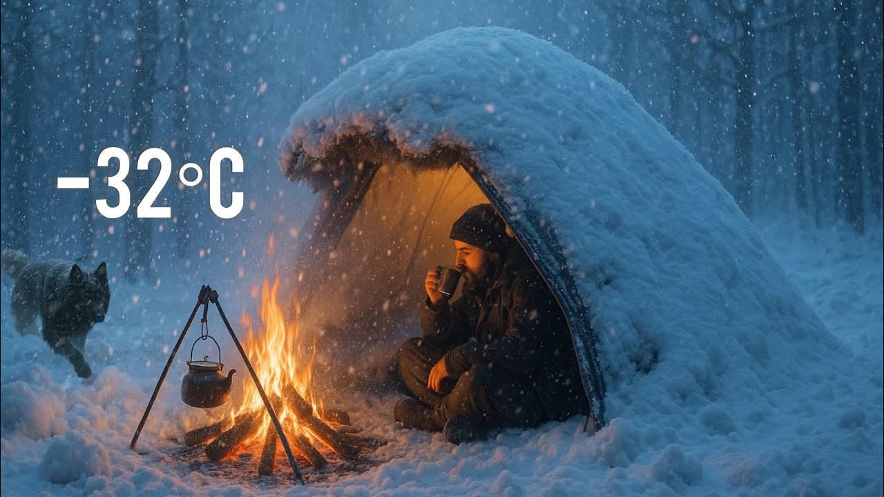 Frozen Survival at –32°C | Building Bushcraft Shelter & Fire in Heavy Snowstorm