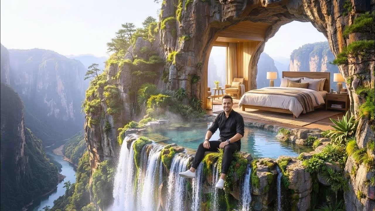 Building Tree House on a High Cliff Above a Waterfall (ASMR)