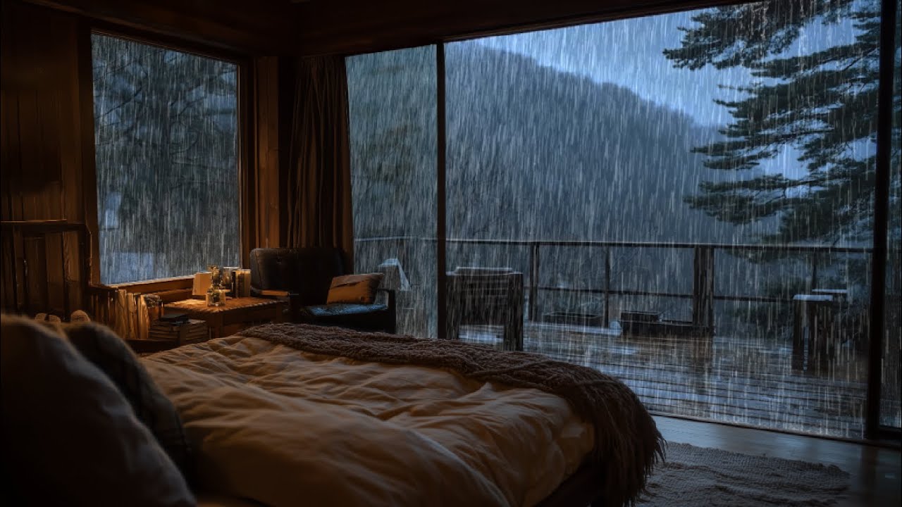 Сильный дождь в спальне с видом на горы 🌧️ Дождь на террасе для крепкого сна и расслабления