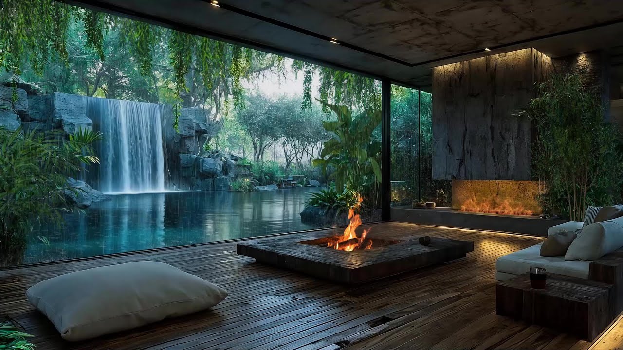 🌿 Rainy Jungle Retreat 4K | Relaxing Waterfall Sounds & Cozy Fireplace Ambience | HDR Ultra HD