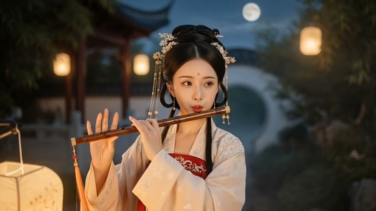 A Beautiful Girl Playing Flute Under the Moon