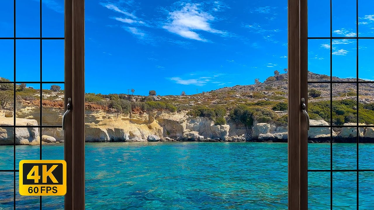 4K Greece Beach window view - Relaxing, Calming, Ambience