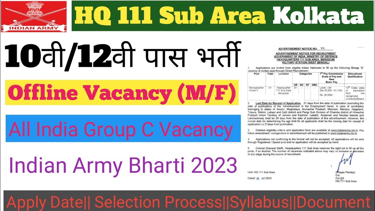 HQ111 Sub Area Bengdubi Kolkata Recruitment2023||HQ111 Sub Area Kolkata Vacancy|Indian Army Bharti