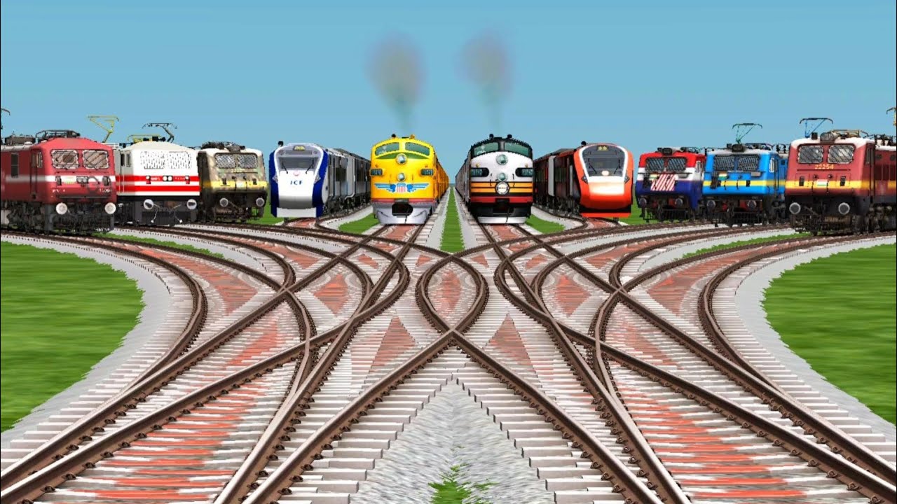 10 Bharatya Trains Crossing By Bumpy Branched Railroad Tracks || Train 😂 Express || Train Simulato