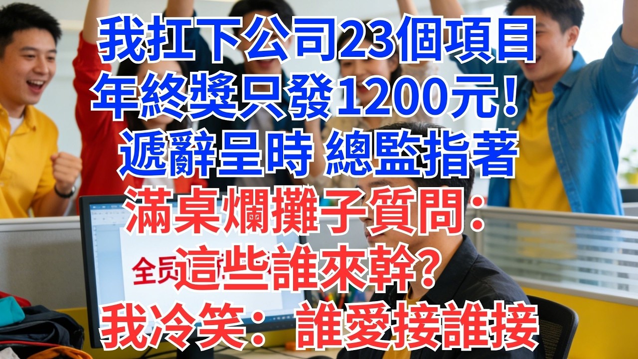 我扛23個專案，年終獎1200元！遞辭呈那刻，總監指著爛攤子吼：「誰來接手？」我笑回：「1200塊的活，誰愛接誰接。」#為人處世#生活經驗#情感故事#职场
