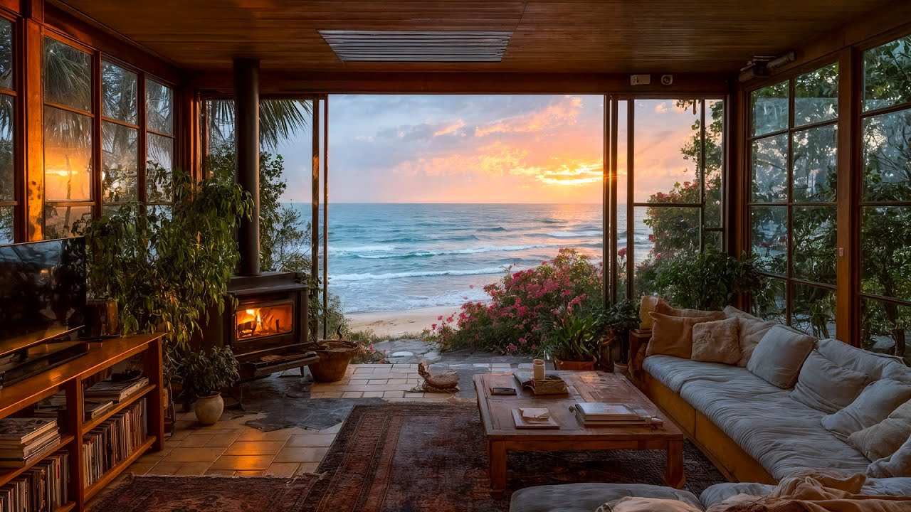🌅 Spring Seaside Hideaway |Cozy Fireplace & Ocean Waves  for Stress-Free Sleep