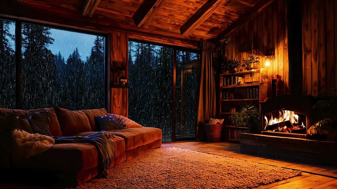 Cozy Rainy Night Ambience 🌲 Stormy Night at Wooden Cabin with Crackling Fireplace for Relaxation