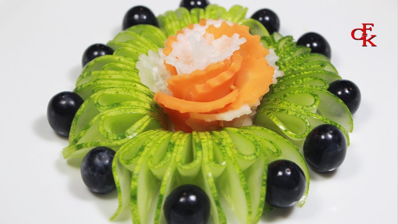 Inspirational Garnish Of Carrot Rose Flower Sitting Inside Cucumber & Grapes Designs