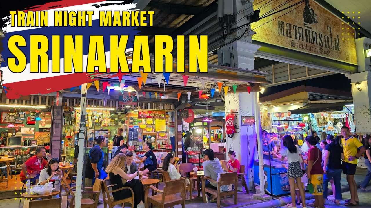 [4K] Train Night Market Srinakarin in Bangkok 🇹🇭 Walking Tour (ASMR -  Binaural Market Sounds)