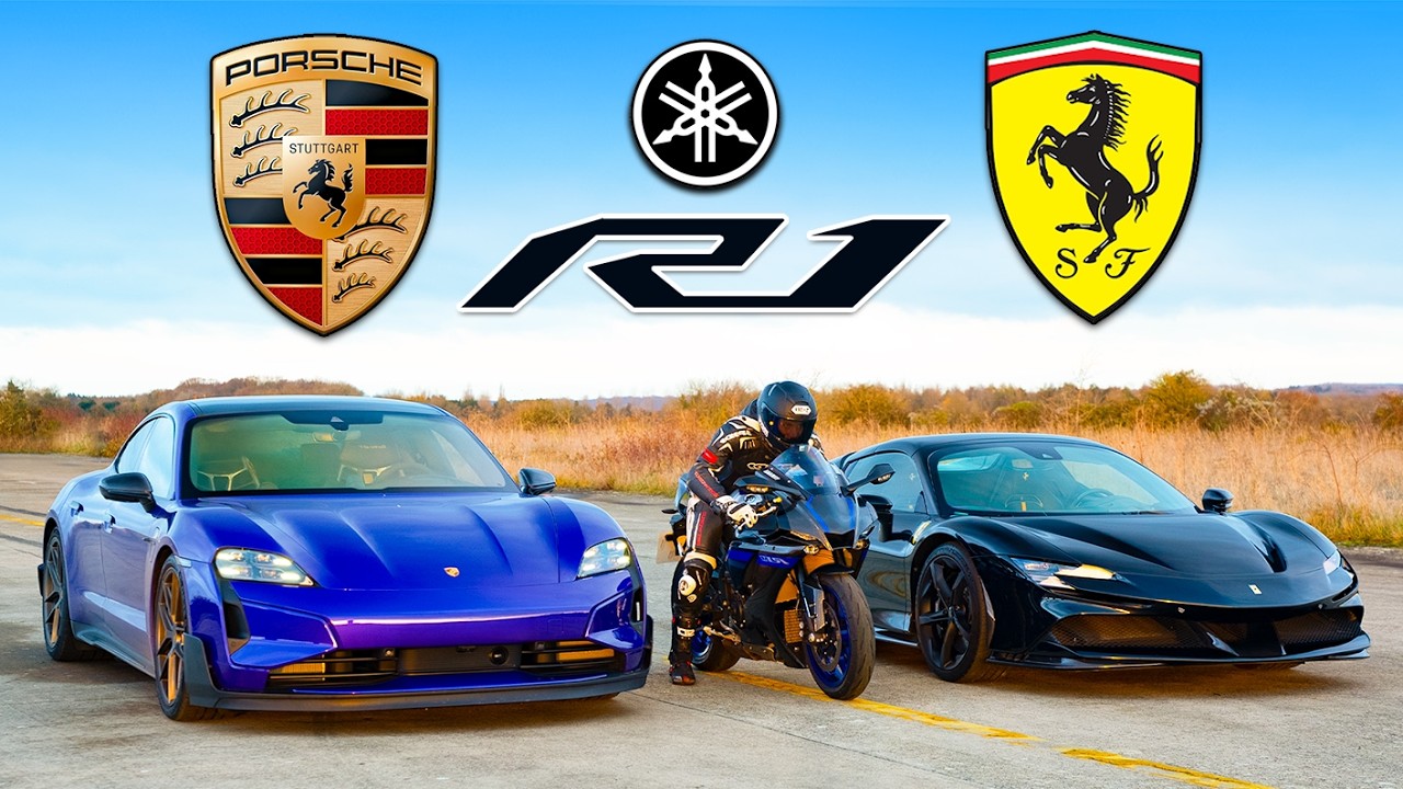 【ドラッグレース！】新型 ポルシェ タイカン ターボGT vs フェラーリ SF90 vs ヤマハ R1M