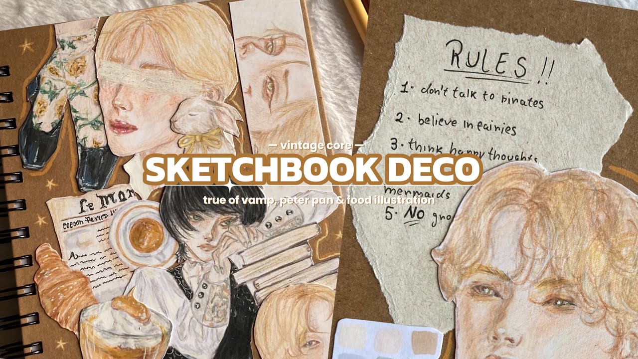 [DECO WITH ME] Unboxing e decoração do meu novo sketchbook .ᐟ📔 ₊⊹ | Vintage core 