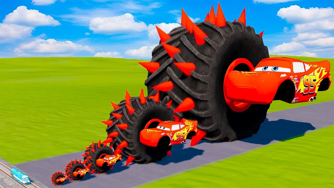 Big & Small McQueen One Wheel Spiked VS Train | BeamNG.drive