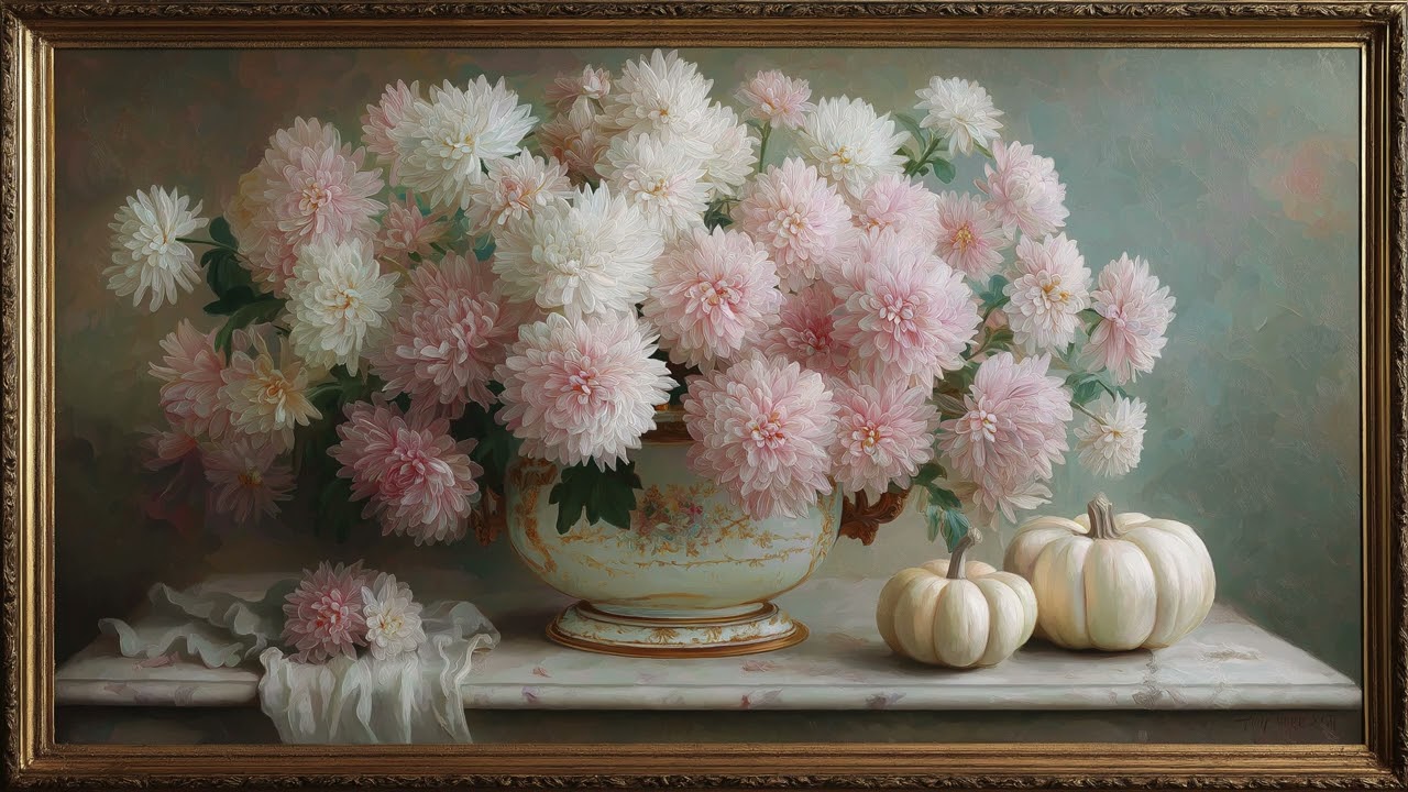 Elegant Pink Mum Floral with White Pumpkins | 2-Hour Framed Art Screensaver for TV