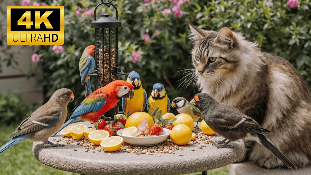 [No Ad Interruptions] Cat TV 😺 A squirrel slips behind a log as birds land nearby.
