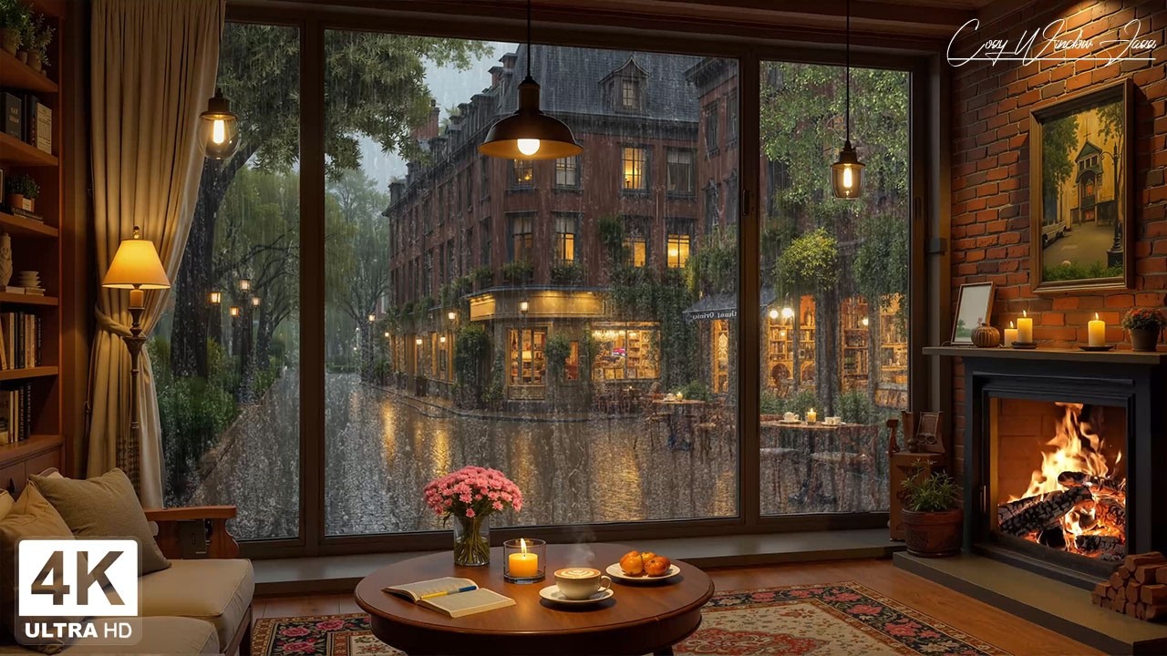Cozy Caf&eacute; in the March Rainy Nights ☕ Soft Jazz & Fireplace Sounds for Calm Work and Study Hours