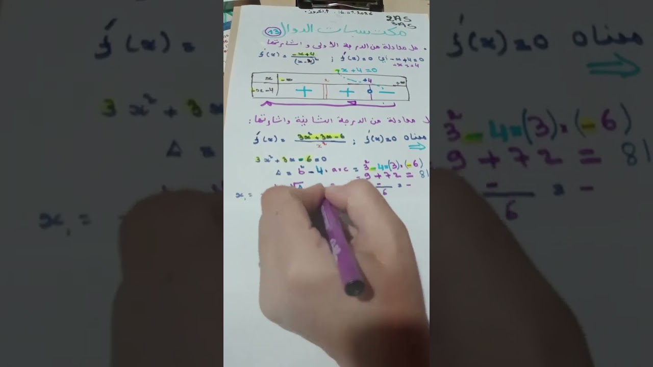 السنة 2 و 3 ثانوي دراسة اشارة المشتق في الدوال العددية حالة معادلة من الدرجة1و  2 و منهجية الجواب