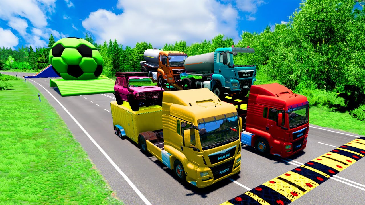 Flatbed Trailer McQueen Transportation with Truck - Speedbumps vs Cars vs Train - BeamNG.Drive #01