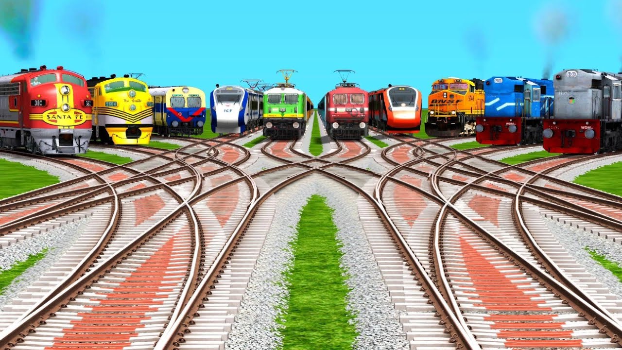 10 Trains Railroad Crossing By Bumpy Branched Forked Railroad Tracks | indian railways | train game 
