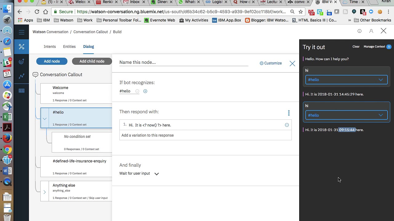 Watson Conversation - Using the system entity timezone & now() feature