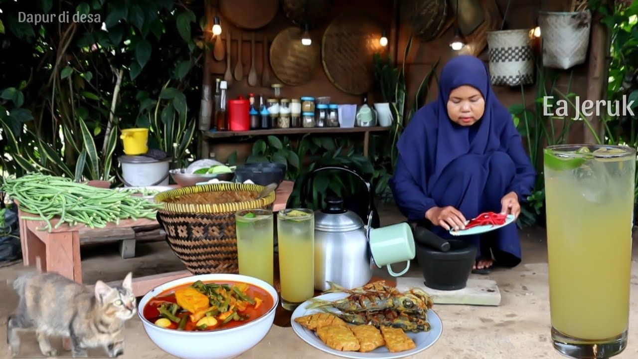 Menu buka puasa! Telur puyuh kacang panjang kuah santan, minuman segar, masakan desa 
