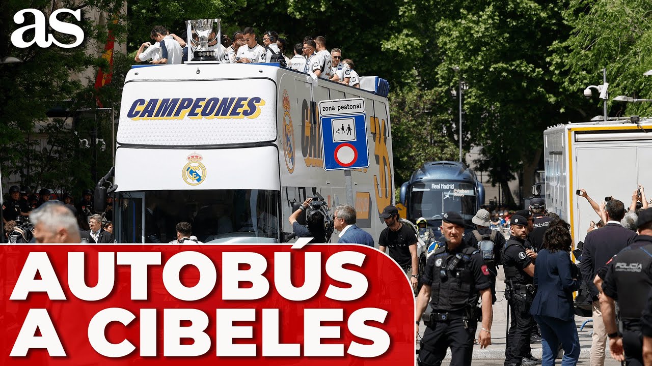 RECORRIDO COMPLETO AUTOBÚS REAL MADRID DESCAPOTABLE: VINICIUS, BELLINGHAM... Fiesta Liga Cibeles