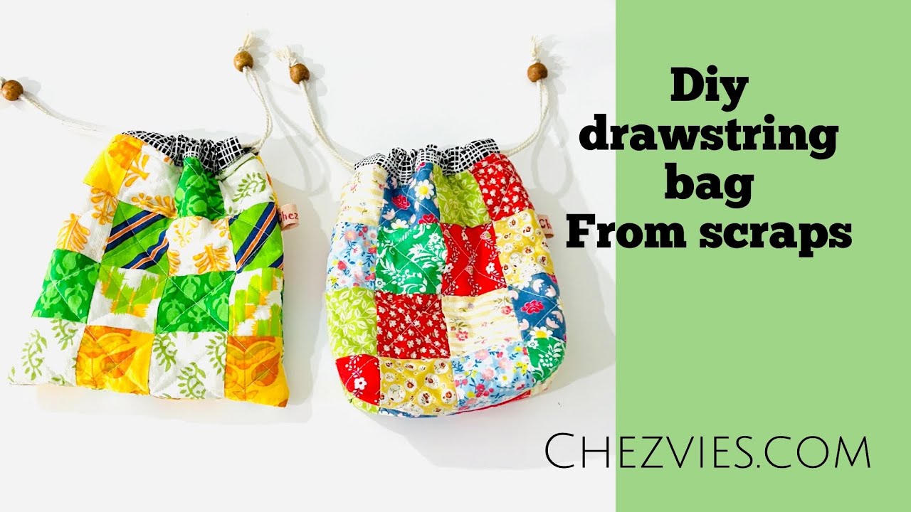 How to make drawstring bag from scraps - quilted drawstring makeup pouch #chezvies