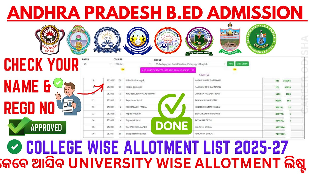 କେବେ ଆସିବ College Wise Allotment List  2025  | Andhra B.Ed Admission 2025 Admission List #Allotment