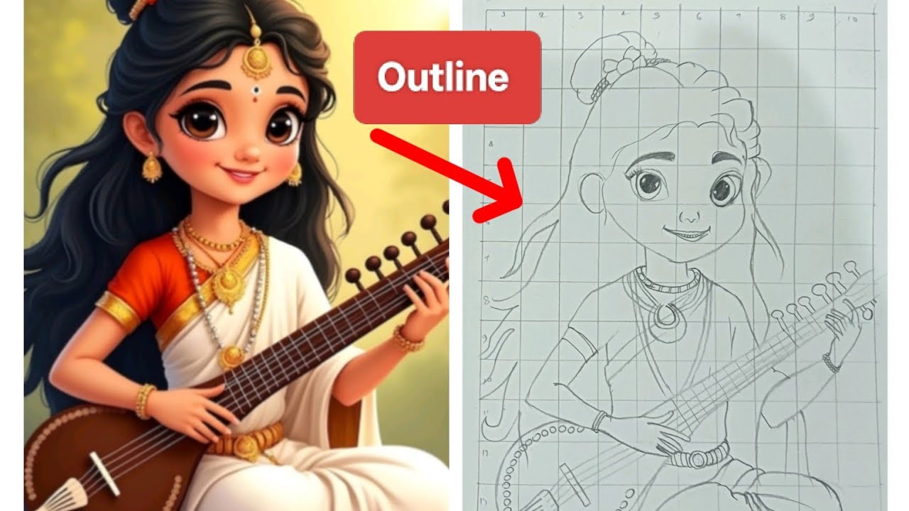 Cute Saraswati Maa Drawing, Tutorial Drawing/ Saraswati Maa/ Grid Method Drawing/ Step by step 