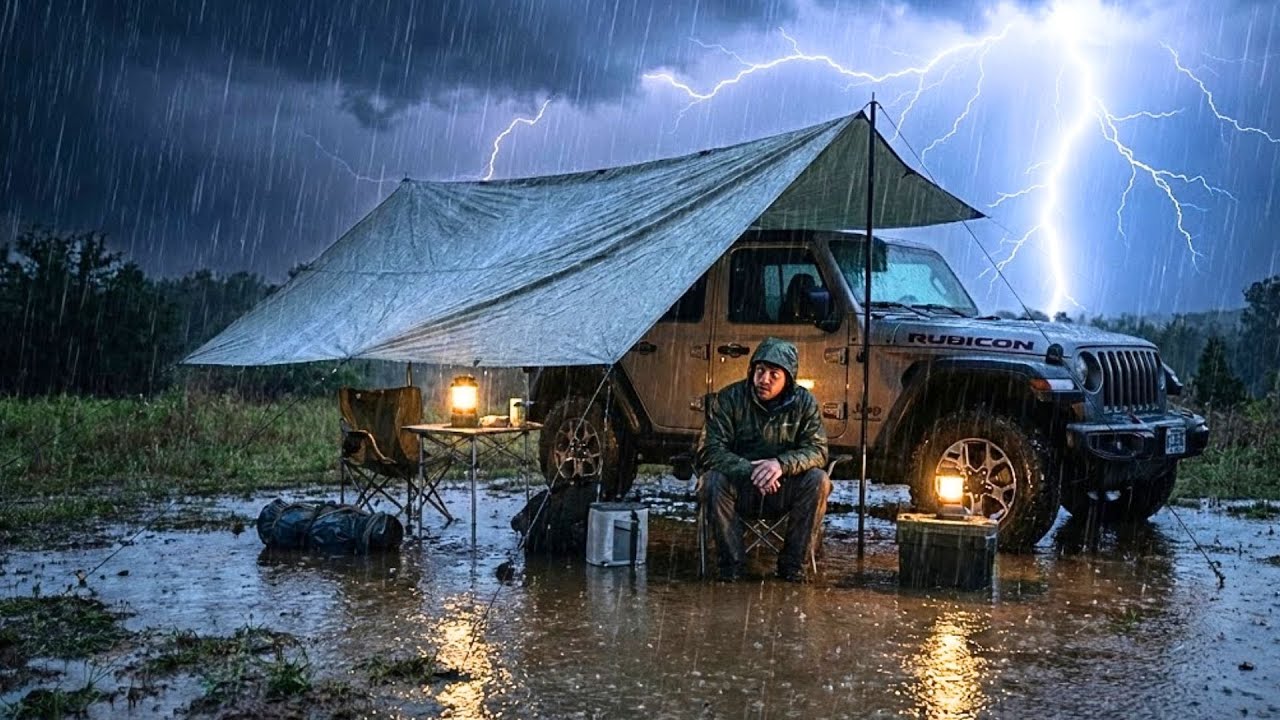 SOLO CAMPING in a Violent THUNDERSTORM [ Flooded Camp, Tarp Setup, Rain ASMR ]