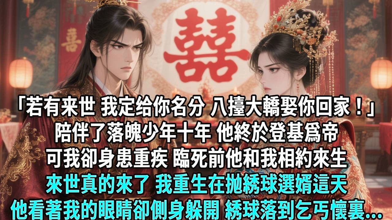 「若有來世，我定給你個名分。」陪伴了落魄少年十年，他終於登基為帝，可我卻身患重疾，臨死前他和我相約來生。來世真的來了，我重生在拋繡球選婿這天，他看著我的眼睛卻側身躲開，繡球落到乞丐懷裡……