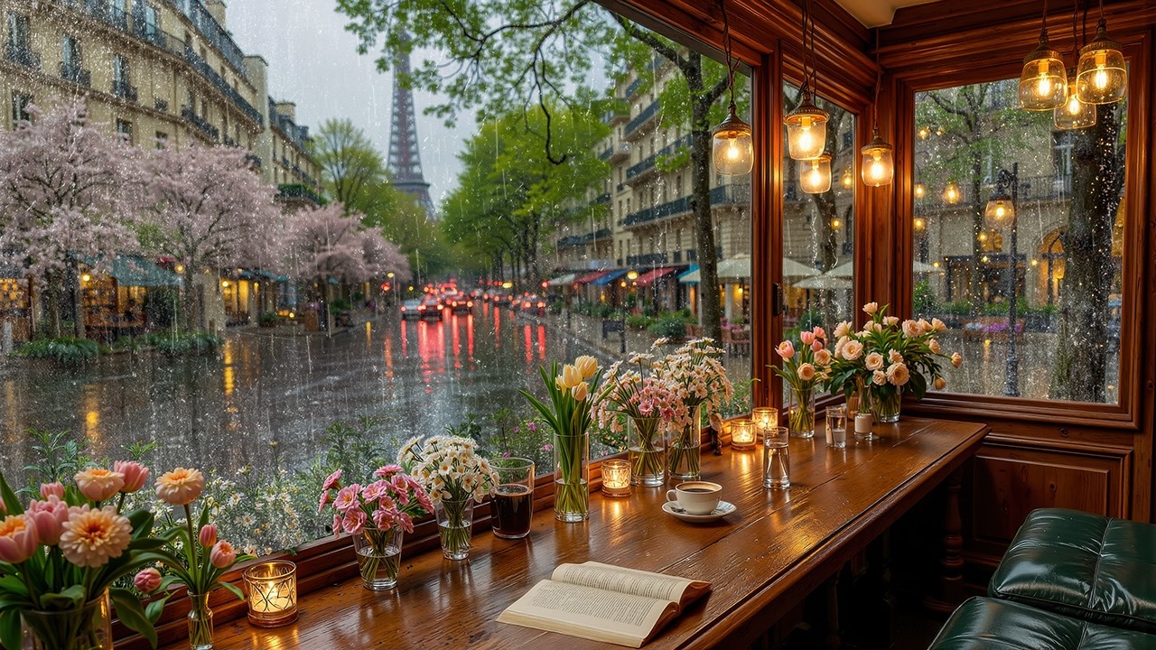 Warm Paris Café Jazz in March | Rainy Window View & Smooth Jazz Instrumental for Study, Reading
