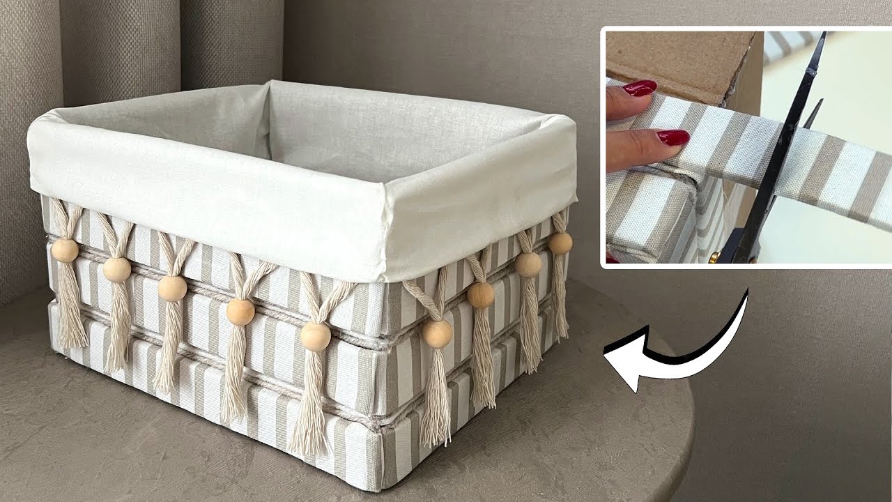 DIY!😍 MADE A GORGEOUS ORGANIZER FROM LEFTOVER CARDBOARD, FABRIC AND MACRAMÉ ROPE!
